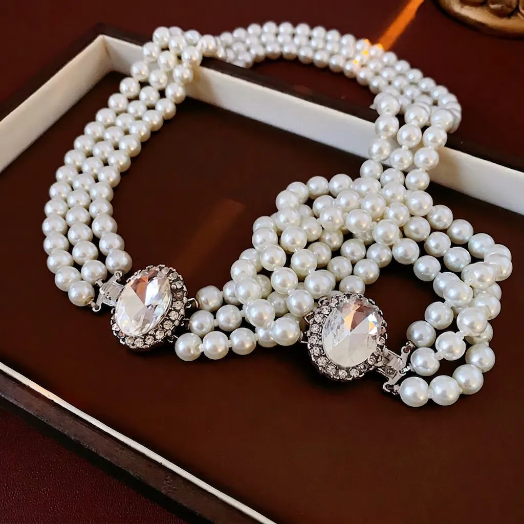 Collana E Bracciale Di Künstliche Perle Multistrato Lega Strass Chiusura Ovale Gioielli Eleganti Retro Francesi Per Donne
