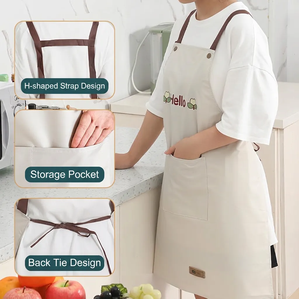 Kitchen Apron Waterproof Oil Proof Polyester And Cotton Linen Adjustable Strap Large Pockets For Cooking And Baking