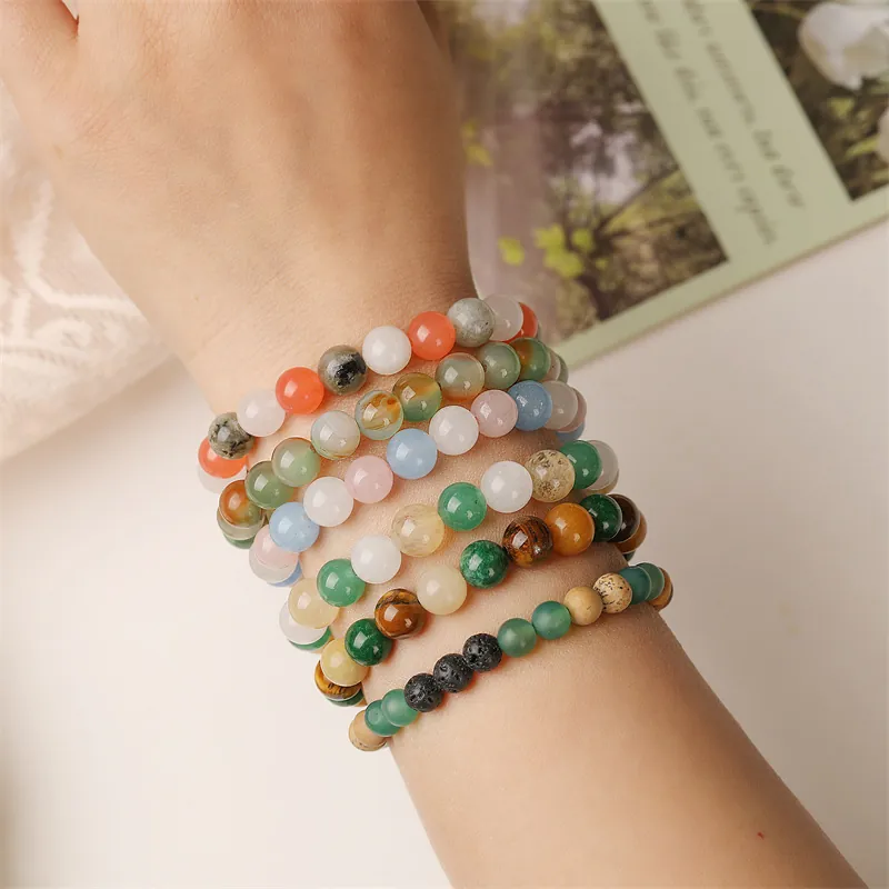 Bracelet en Perles de Pierre Naturelle Agate pour Femme Oeil de Tigre Aventurine Verte Fait à la Main Yoga Reiki Bijoux
