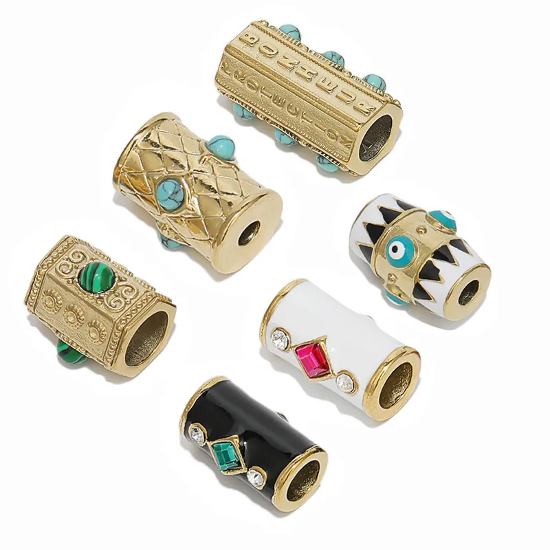 Evil Eye Stainless Steel Cylinder Hexagon Spacer Beads Enamel Turquoise Inlaid Retro Style For DIY Jewelry Making