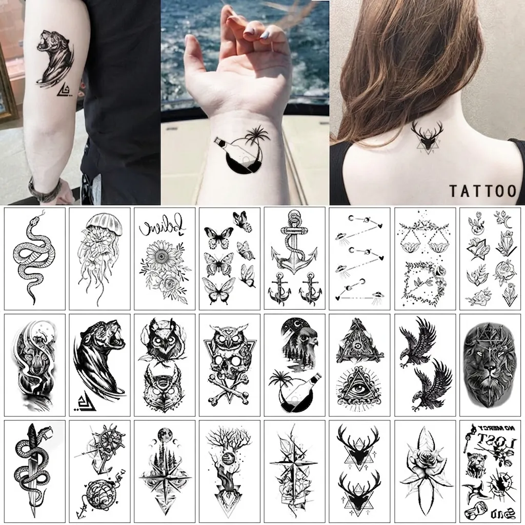 Temporary Tattoo Stickers Waterproof Disposable Body Art Sketch Animal Flower Butterfly Geometric Pattern For Adults