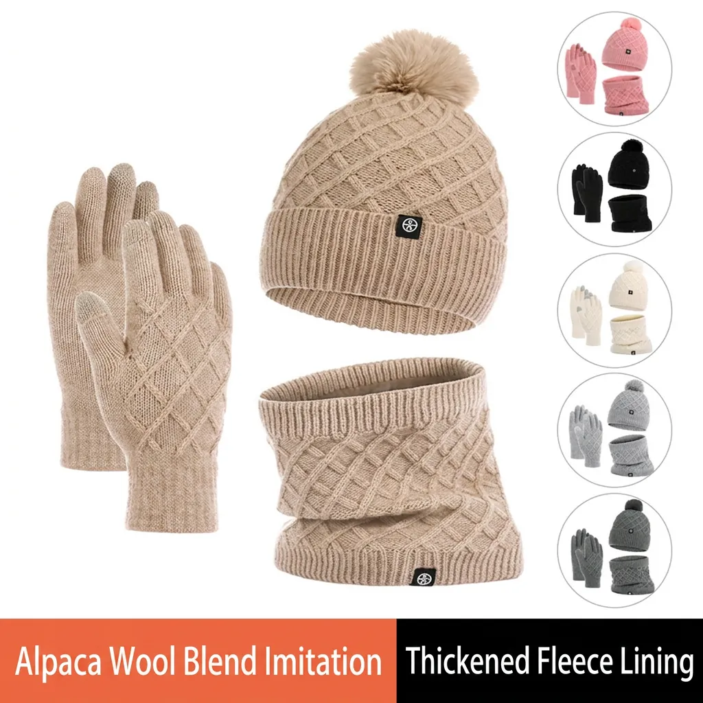 Winter Knitted Hat Scarf And Gloves Faux Alpaca Blend Fleece Lined Warm Thickened Touchscreen Rhombic Pattern Pom Pom
