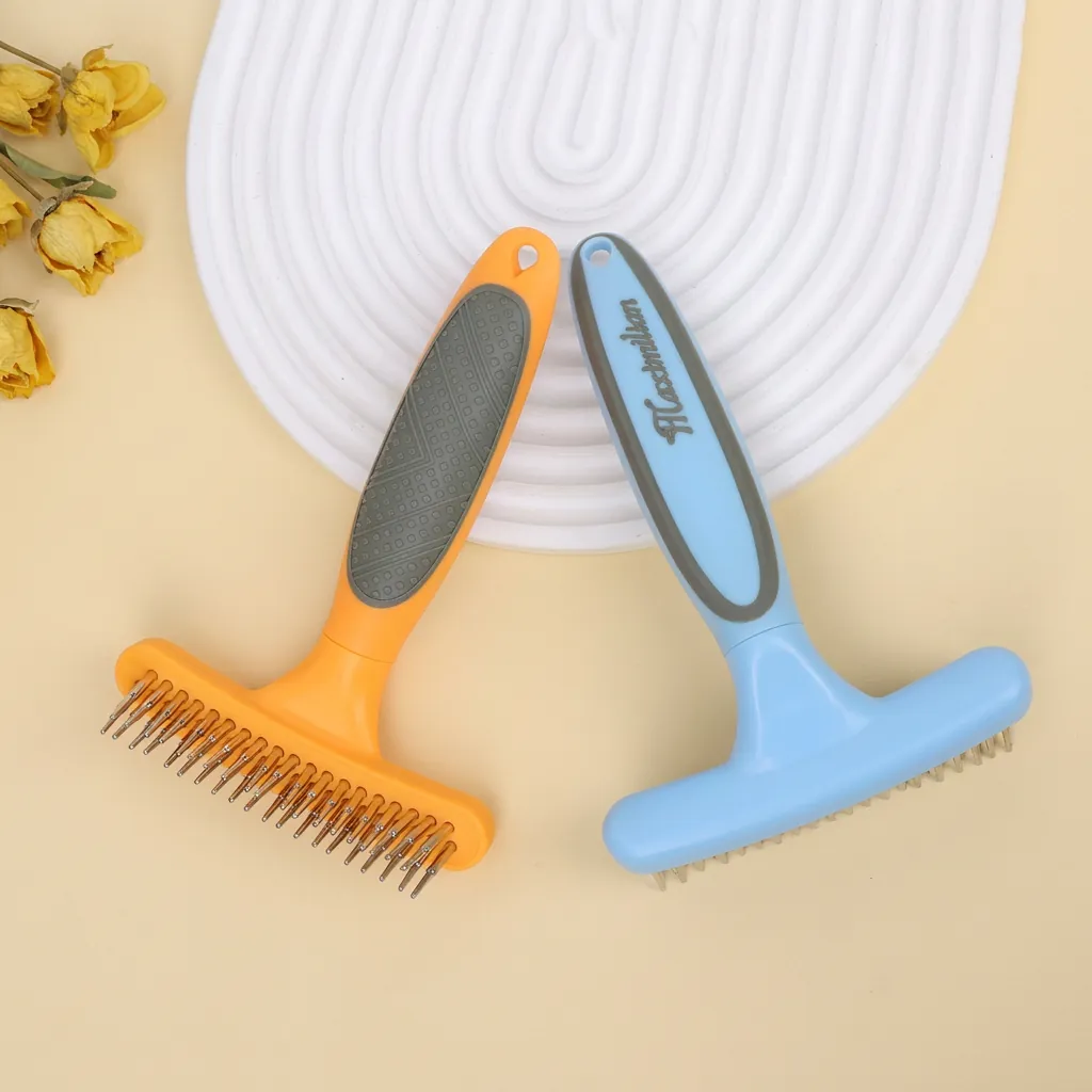 Pet Grooming Shedding Rake Comb Stainless Steel Double Row Teeth De-matting Tool For Long Haired Dogs Cats Ergonomic Handle