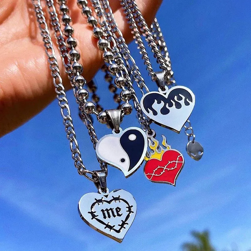 Stainless Steel Heart Pendant Necklace Flame Yin Yang Thorns Drip Oil Hip Hop Streetwear Jewelry Unisex