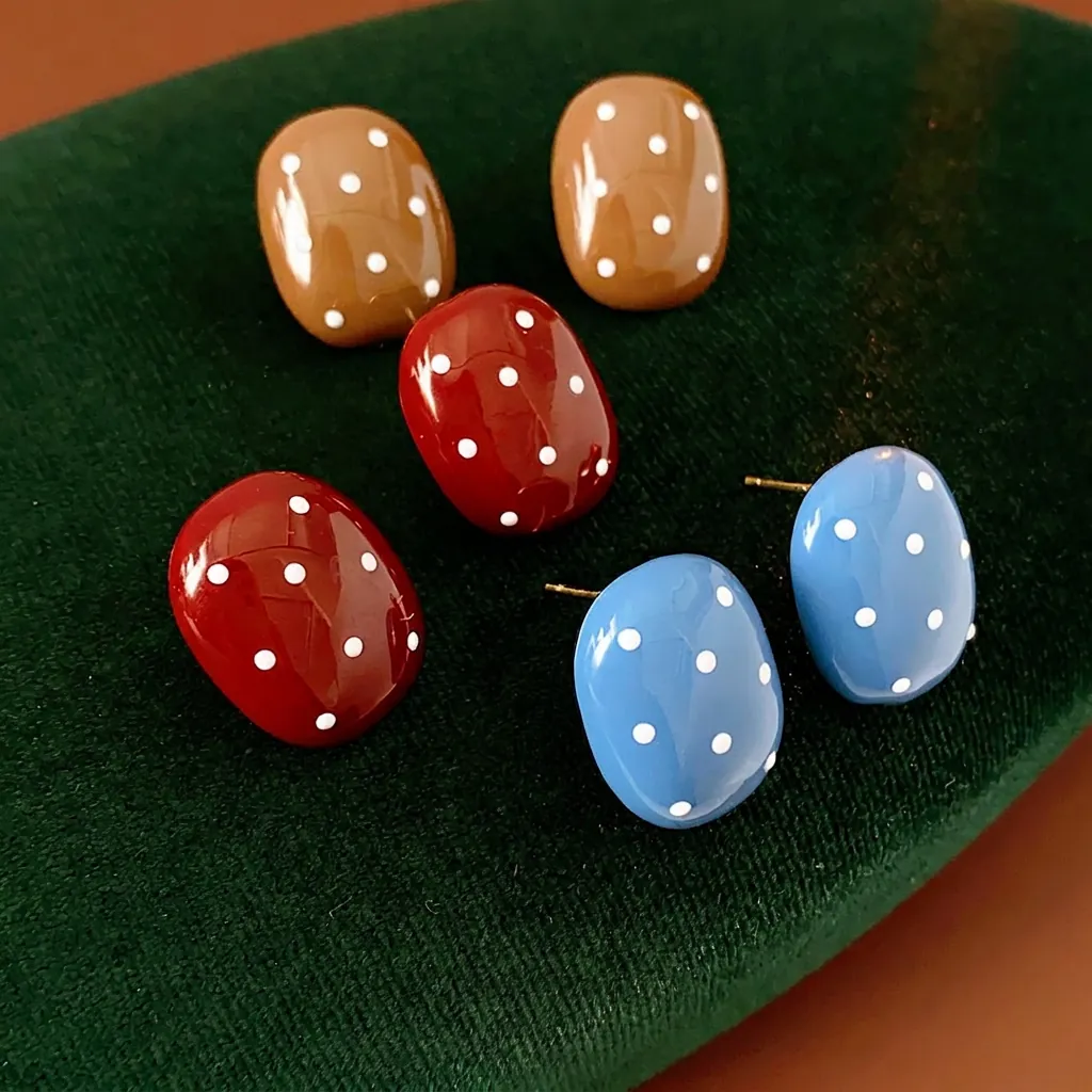 Orecchini A Lobo Ovali A Pois Retrò Con Perno In Argento Lega Texture Smalto Gioielli Estetici Minimalisti Per Donna