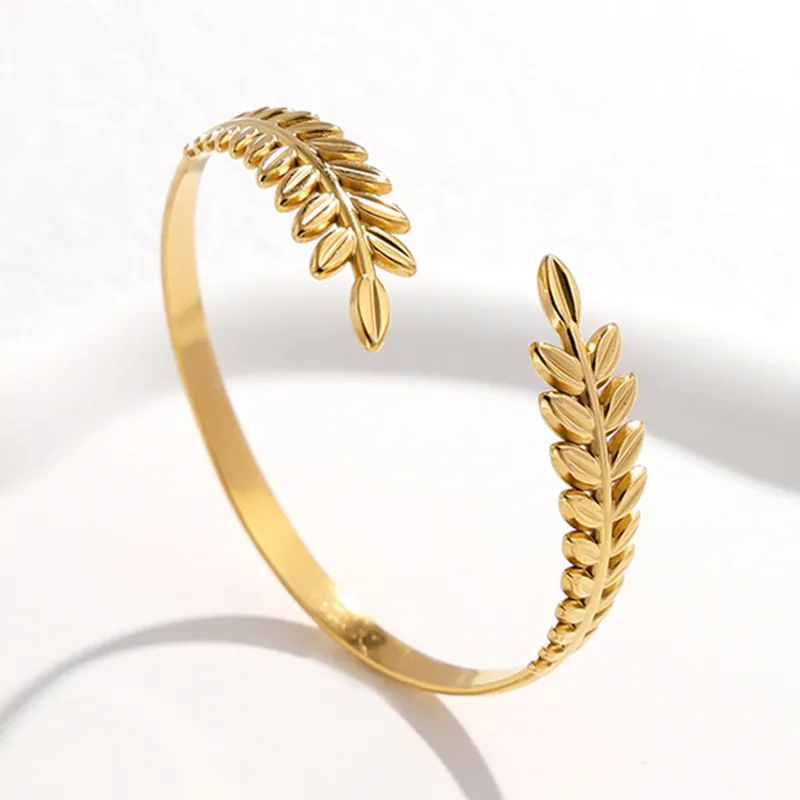 Bracciale Rigido Aperto Foglia Di Spiga Di Grano Acciaio Inossidabile Regolabile Forma C Gioielli Vintage Per Donna
