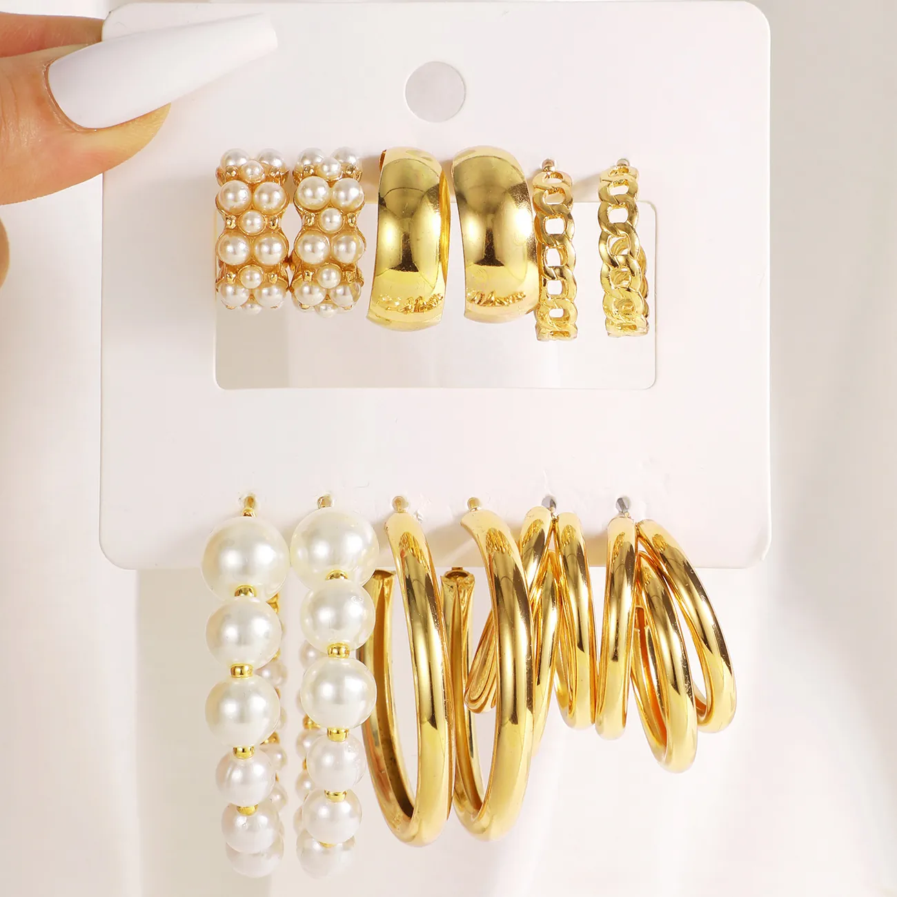 Boucles D'Oreilles Géométriques En Alliage Rétro Accents De Künstliche Perles Créoles Et Puces Chaîne Pour Femmes