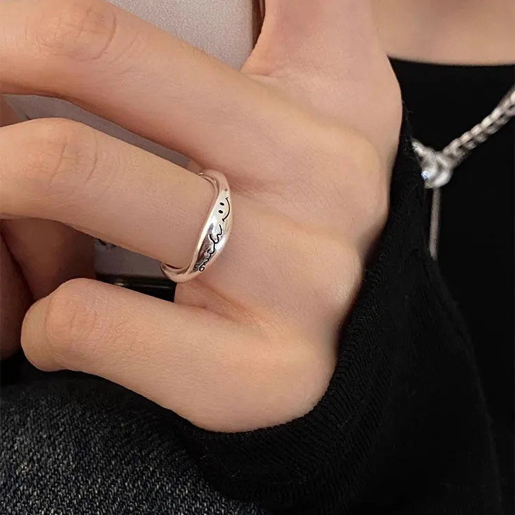 S925 Sterling Silver Ring Smile Letter Smiley Face Adjustable Open Irregular Retro Minimalist Jewelry For Women