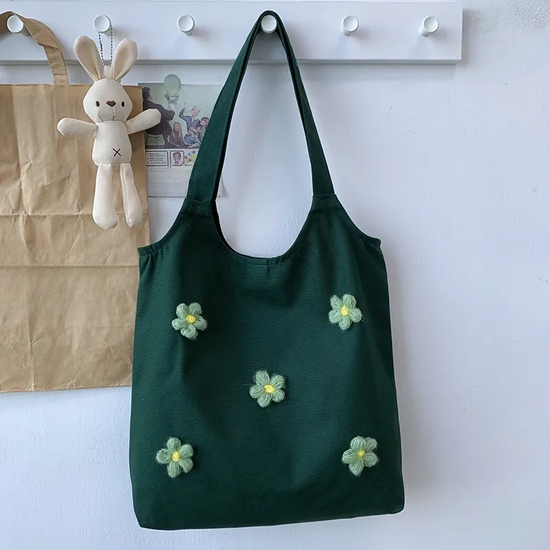 Women Canvas Tote Bag With 3D Crochet Flowers Aesthetic Large Capacity Shoulder Handbag For Shopping School