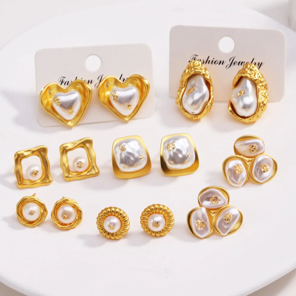 Boucles Oreilles Puces Baroques Laiton Plaqué Or 18K Künstliche Perles Imitation Motif Lave Géométrique Mode Rétro Pour Femmes