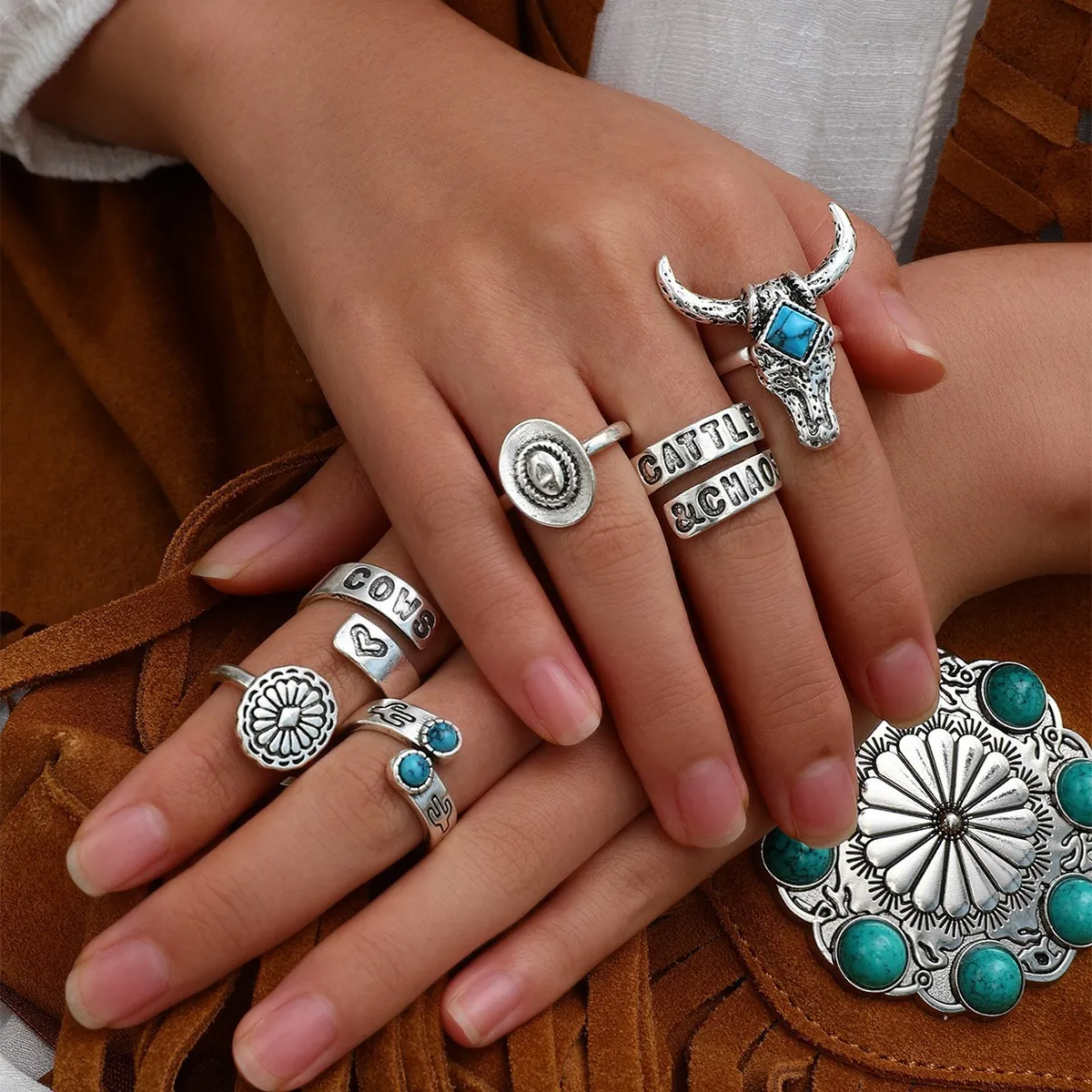 Western Retro Bull Head Cactus Rings Alloy Turquoise Bohemian Cowboy Style Silver Color Jewelry For Women Accessories