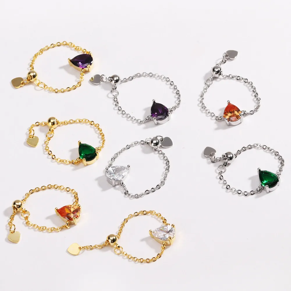 Bague Chaîne Réglable Oxyde De Zirconium Coupe Poire Cuivre Plaqué Or 18K Bijoux Élégants Pour Femmes Pendentif Coeur