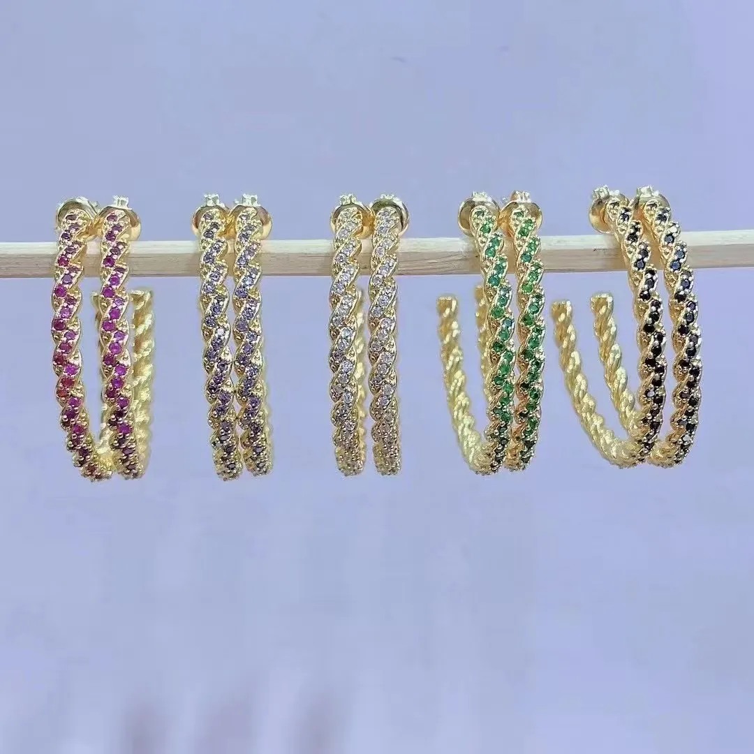 Twisted C-Shape Hoop Earrings Copper Micro Pave Cubic Zirconia Geometric Exaggerated Fashion For Women