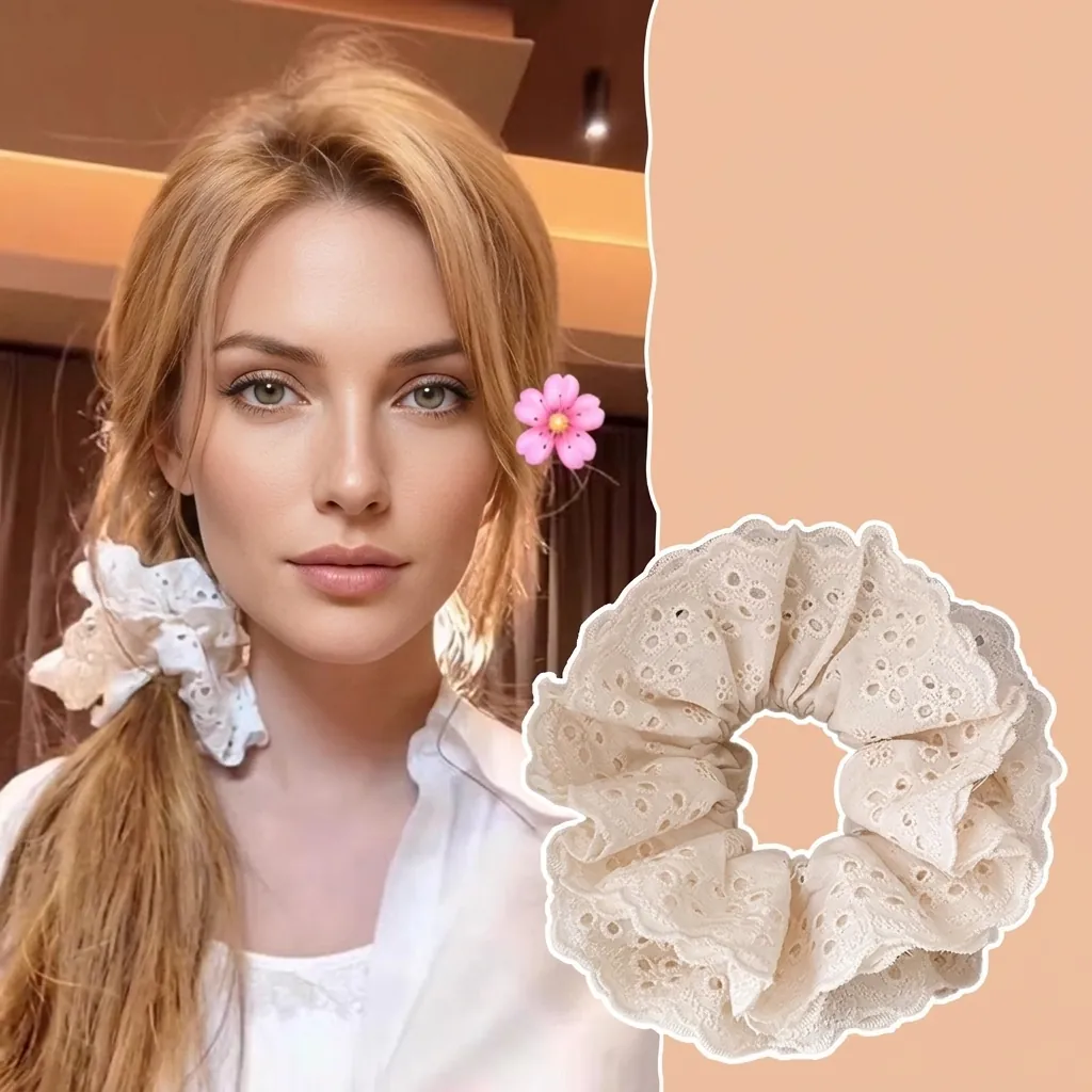 Chouchou Géant Vintage Pour Femmes Motif Floral À Carreaux Dentelle Noeud Élastique En Tissu Accessoire Cheveux Filles