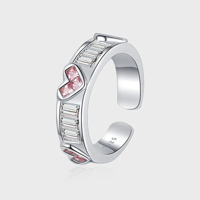 925 Sterling Silver Pink Heart Adjustable Ring Luxurious Rhinestone Inlaid Fashion Open Finger Ring Jewelry For Women Gift