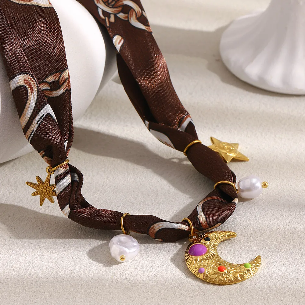 Retro Satin Scarf Necklace Stainless Steel 18K Gold Plated Moon Star Pendants Faux Artificial Pearl Lightweight Fashion Jewelry For Women
