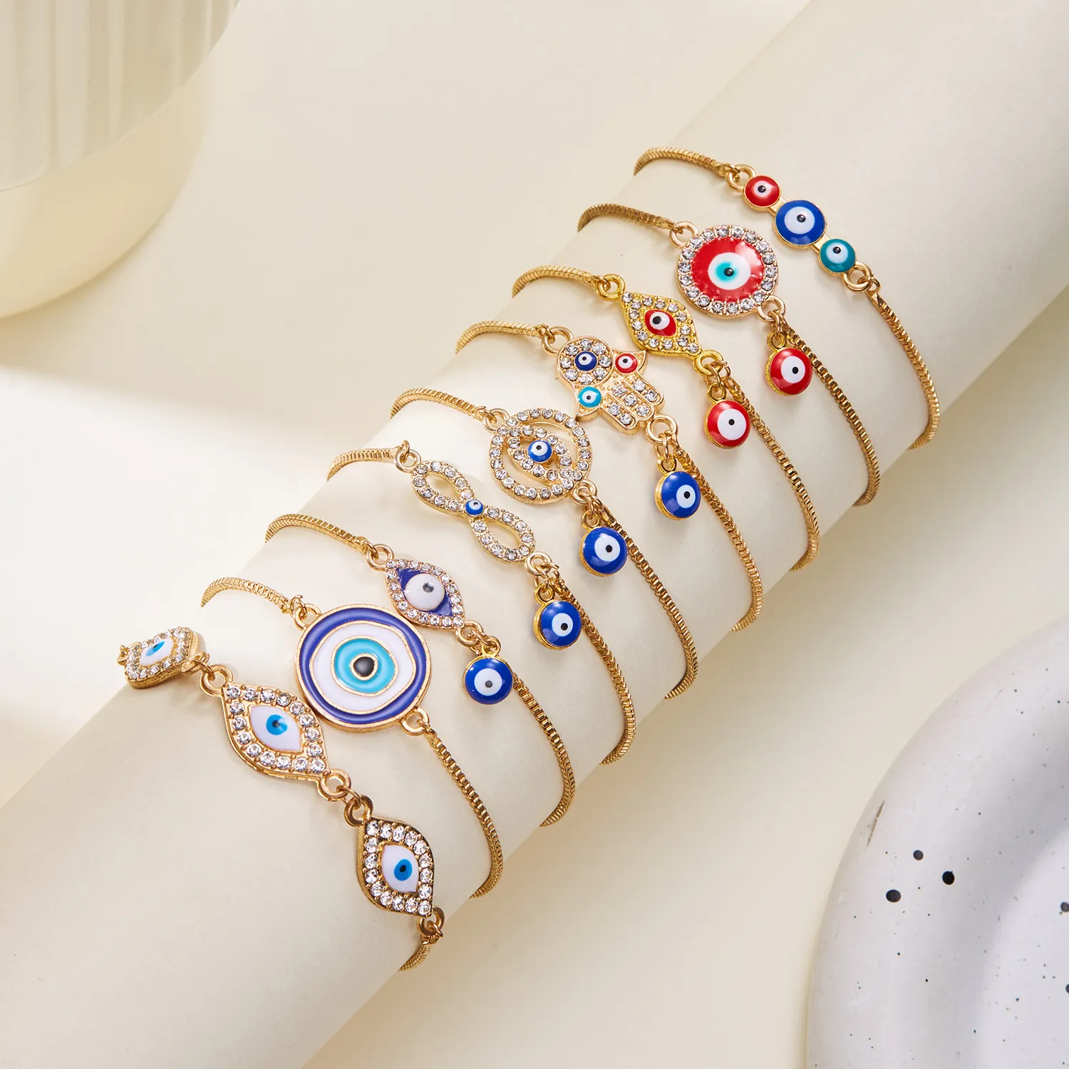 Evil Eye Bracelet Alloy Zircon Enamel Hamsa Hand Adjustable Pull String Woven Rope Bohemian Fashion Protection Jewelry