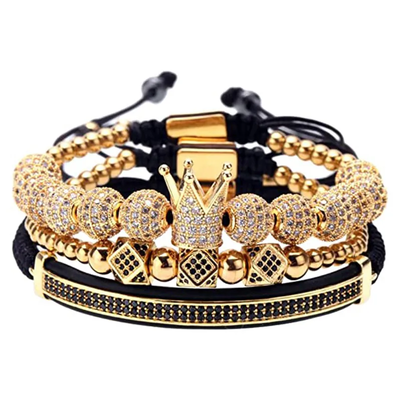 Men Crown Charm Bracelet Copper Inlaid Zircon Micro Pave Adjustable Woven Cord Fashion Jewelry