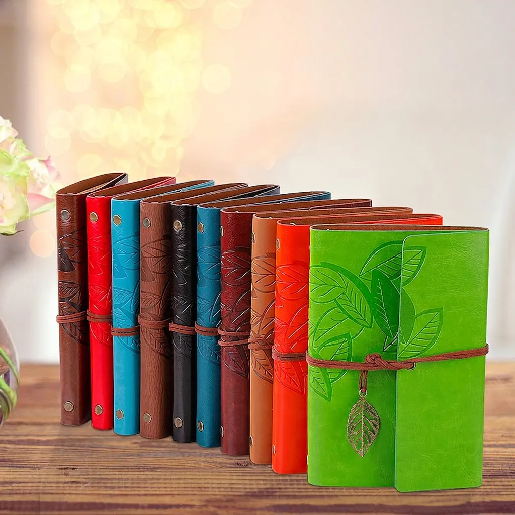 Vintage PU Leather Notebook Leaf Embossed Journal Strap Closure Loose Leaf Traveler Diary With Metal Leaf Charm