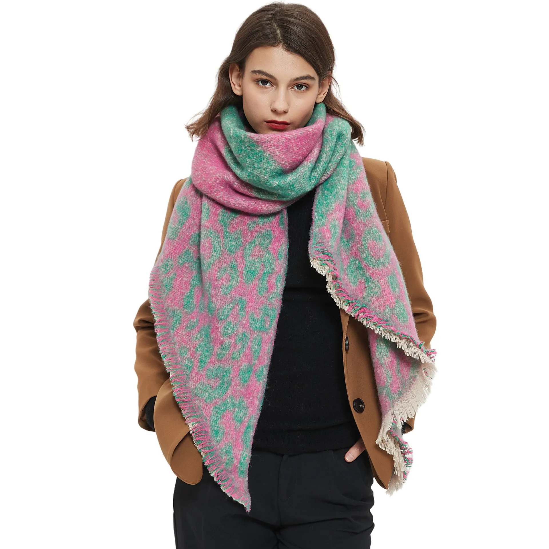 Women's Winter Leopard Striped Thick Long Scarf Fringed Warp Knitted Warm Shawl Wrap For Everyday Travel Outdoor Decorative