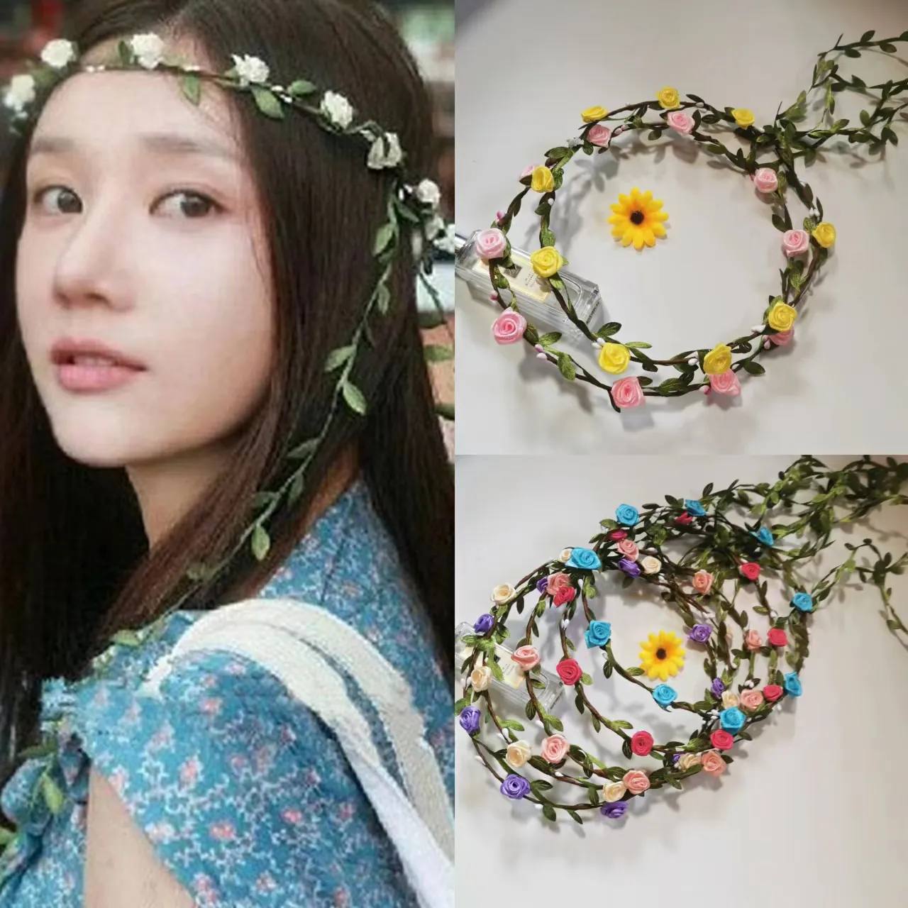 Floral Wreath Headband Bohemian Flower Garland Simulated Rose Fabric Hair Accessories For Wedding Beach Travel Forest Style Women