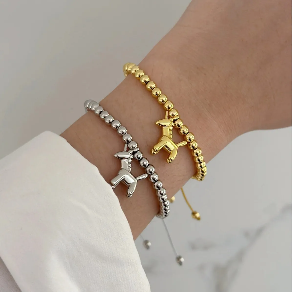 Bead Bracelet Copper 18K Gold Plated Adjustable Woven Cord Cute Balloon Dog Unicorn Pendant Jewelry For Women