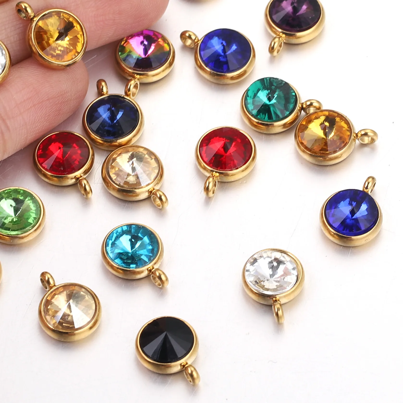 Round Birthstone Pendants 18K Gold Plated Stainless Steel Rivoli Crystal Charms DIY Jewelry Making Crafts Accessories
