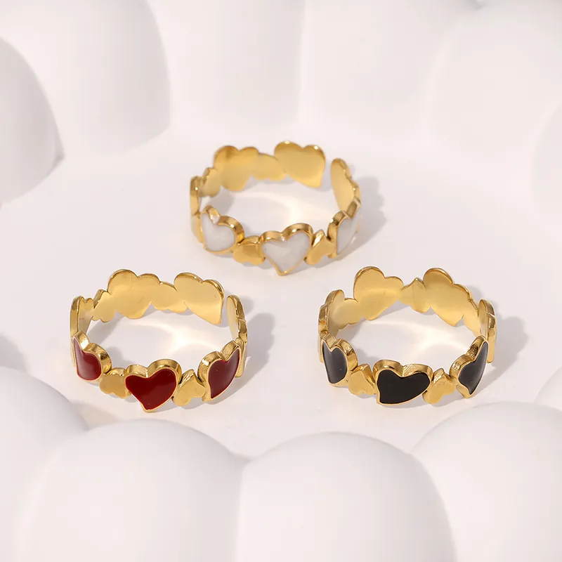 Herzförmiger Offener Ring 18K Vergoldeter Edelstahl Emaille Verstellbar Vintage Französischer Stil Für Damen
