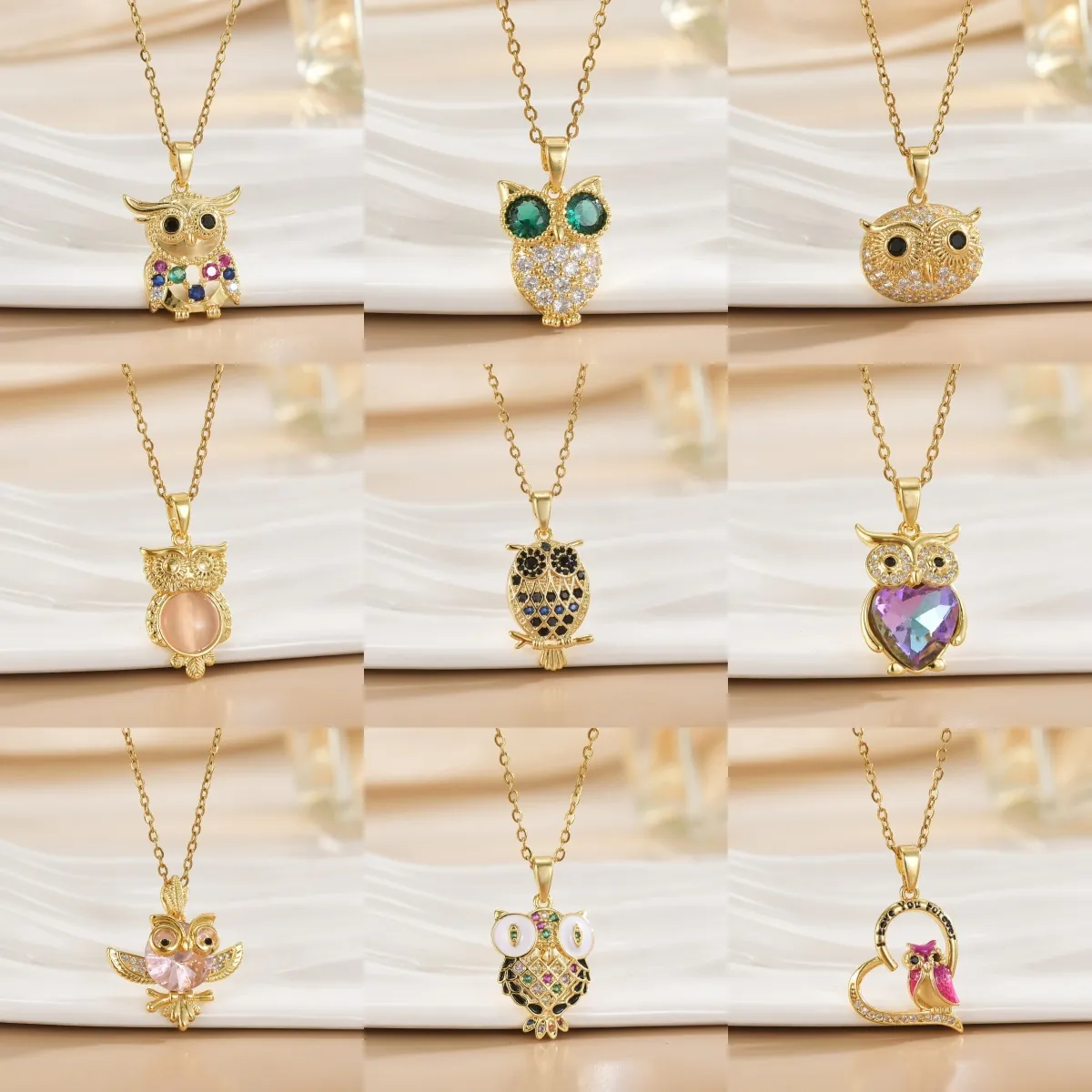 Owl Pendant Necklace Copper Crystal Rhinestone Animal Jewelry Heart Shaped Gemstone Fashion For Women Gift