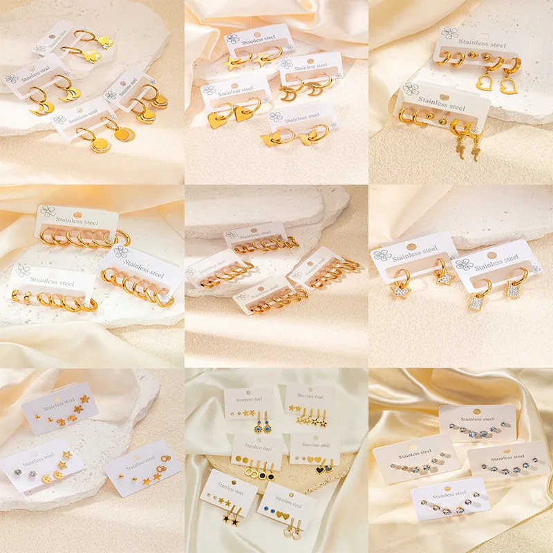 Set di Orecchini a Bottone in Acciaio Inossidabile per Donna Placcati Oro Argento Cuore Stella Farfalla Luna Strass Gioielli