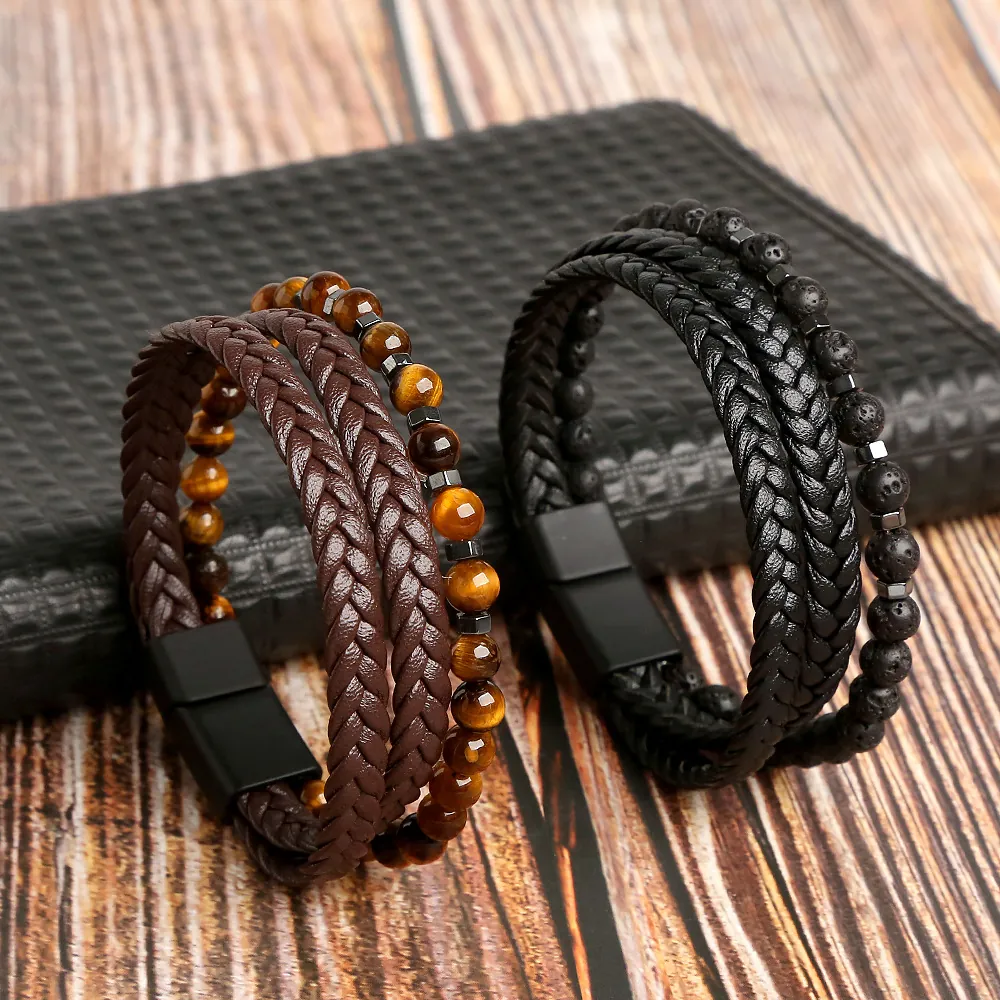 Bracciale Multistrato Da Uomo Pelle Sintetica Intrecciata Occhio Di Tigre Pietra Lavica Vulcanica Vintage Punk Chiusura Magnetica