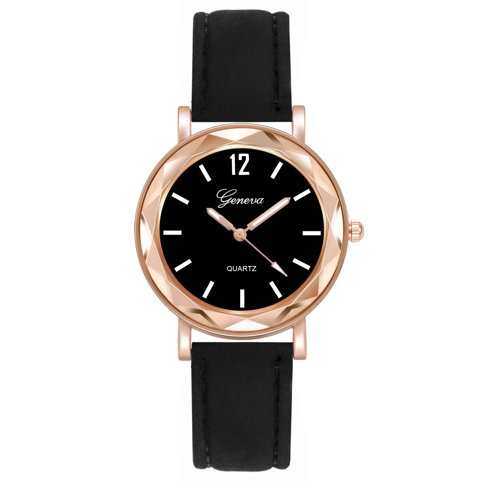 Women Fashion Quartz Watch Minimalist Frosted Leather Strap Rhombus Cut Glass Alloy Case Ladies Wristwatch Casual Daily Wear Jewelry