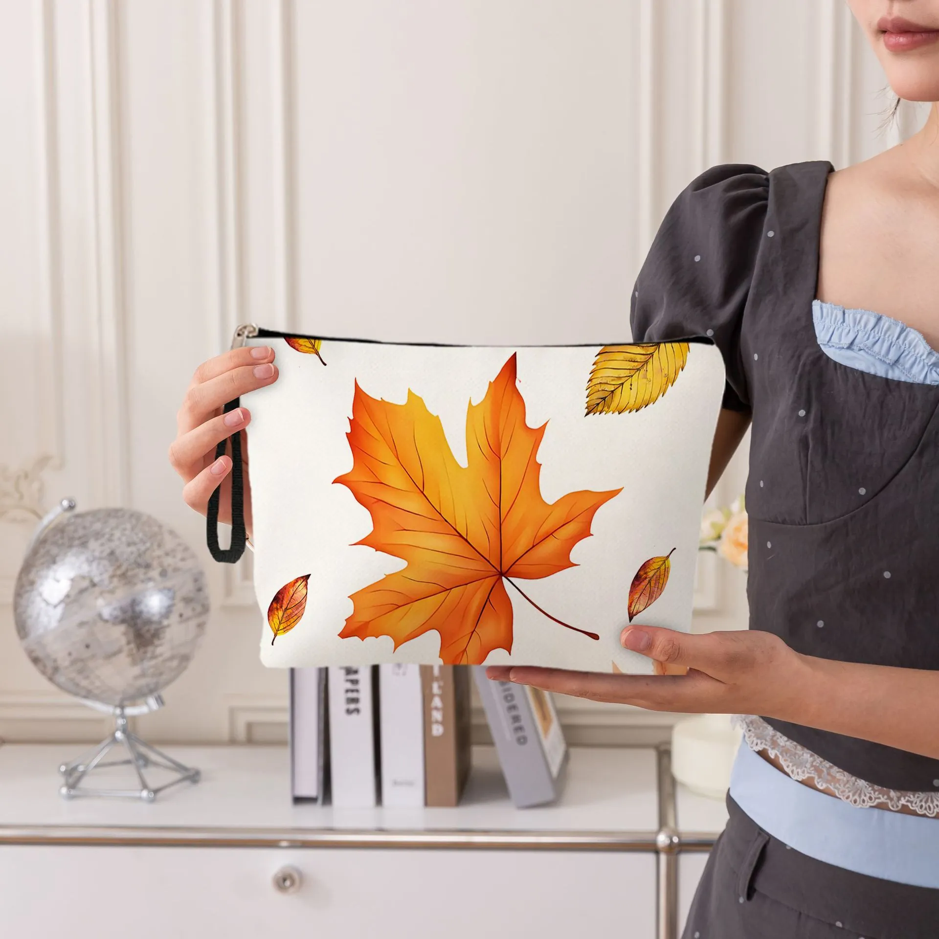 Autumn Fall Harvest Maple Leaf Pumpkin Gnome Print Fine Linen Makeup Bag Zipper Closure Wristlet Travel Toiletry Pouch