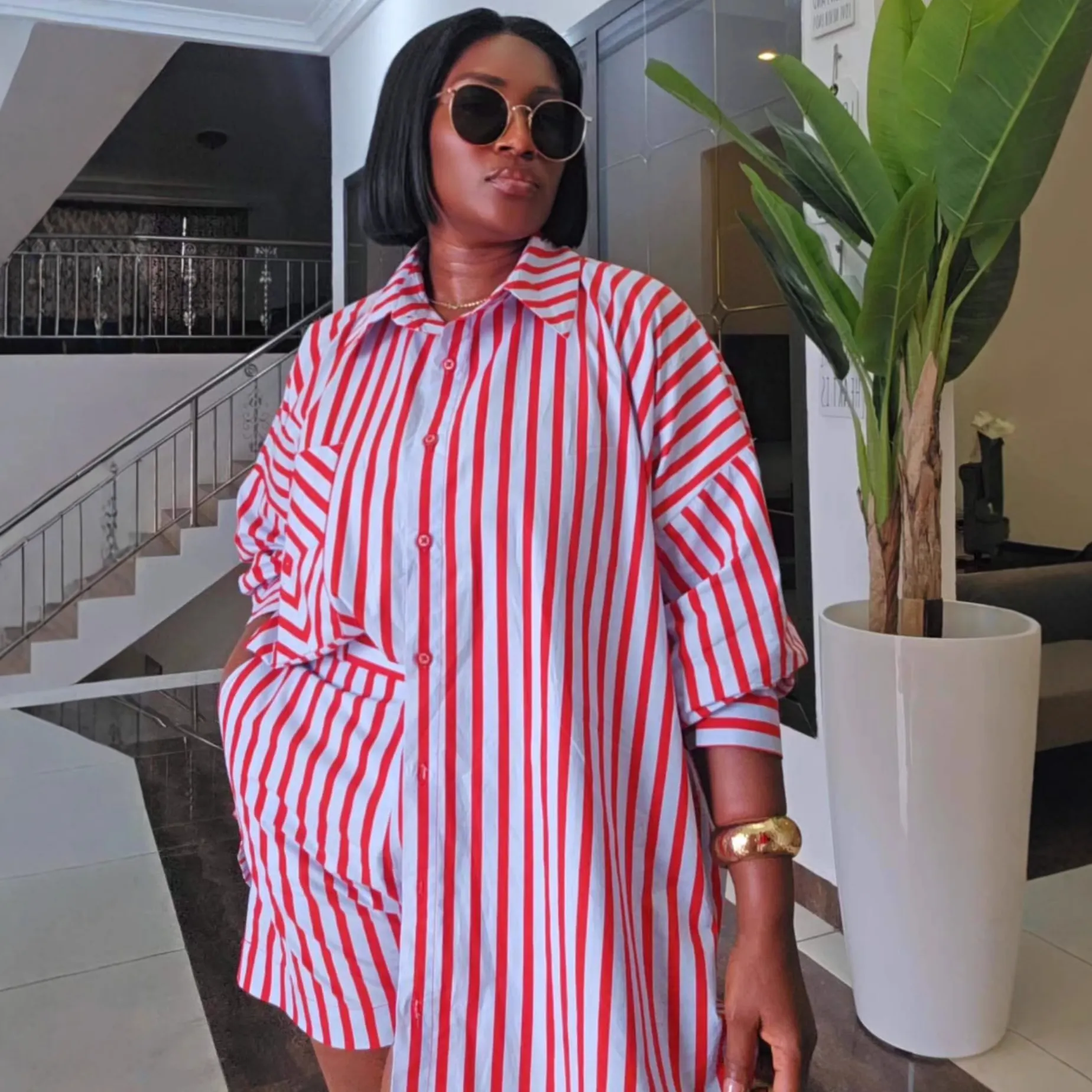 Women Plus Size Vertical Striped Backless Long Sleeve Shirt And Shorts Set Oversized Button Down Polyester Casual Red