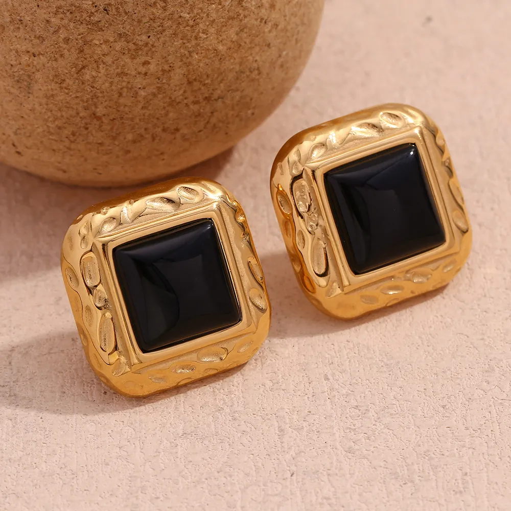 Vintage Square Stud Earrings Hammered Texture Stainless Steel 18K Gold Plated Black Acrylic Geometric Jewelry For Women