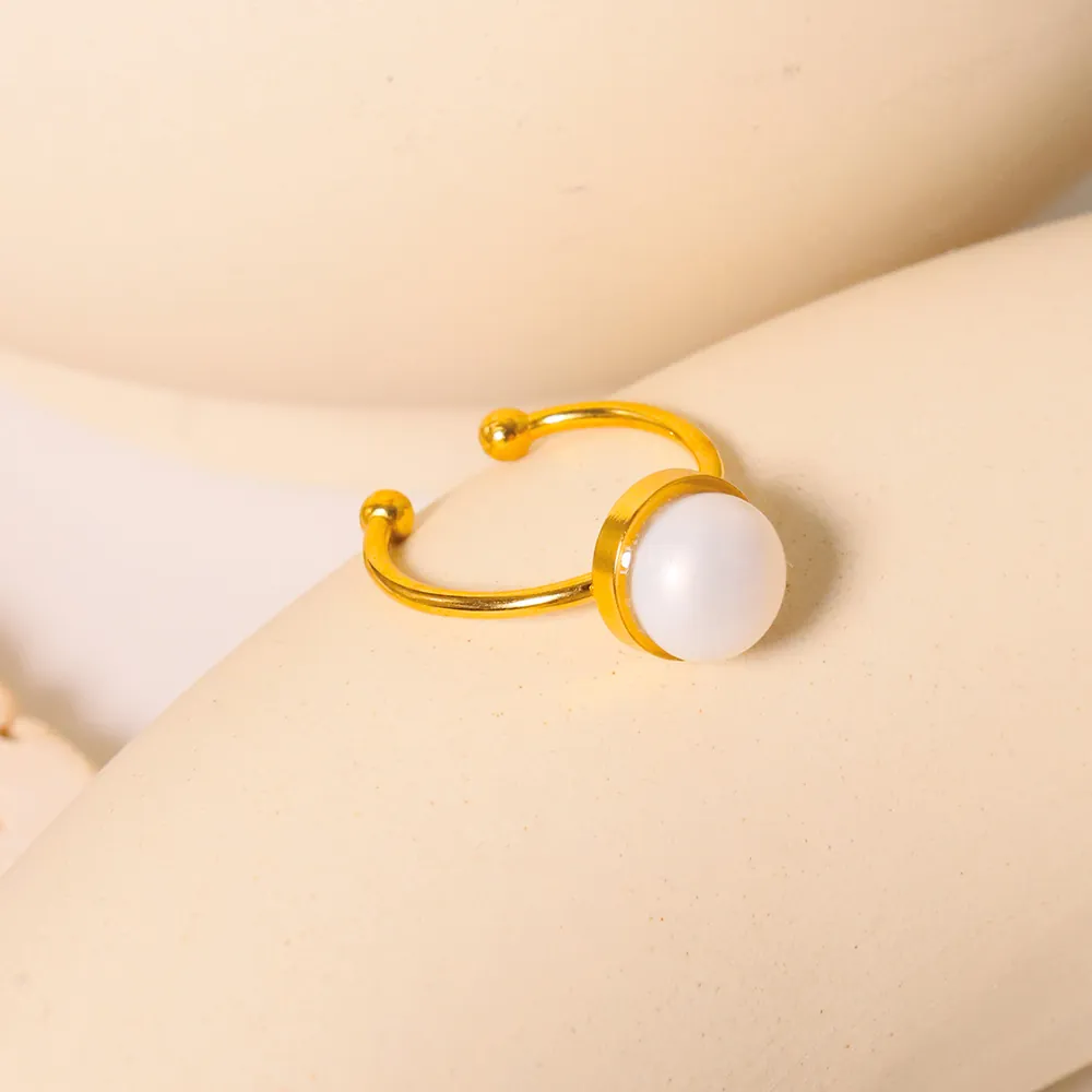 Natural Freshwater Pearl Ring Titanium Steel Gold Plated Open Adjustable Geometric Minimalist Jewelry For Women