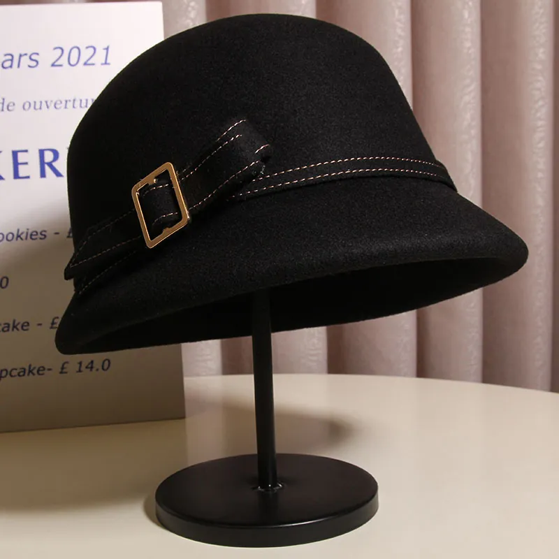 Chapeau Cloche en Mélange de Laine Vintage Français pour Femmes Élégant Nœud Fedora Avec Boucle Dorée Automne Hiver Fête Femme Chapeau Chaud