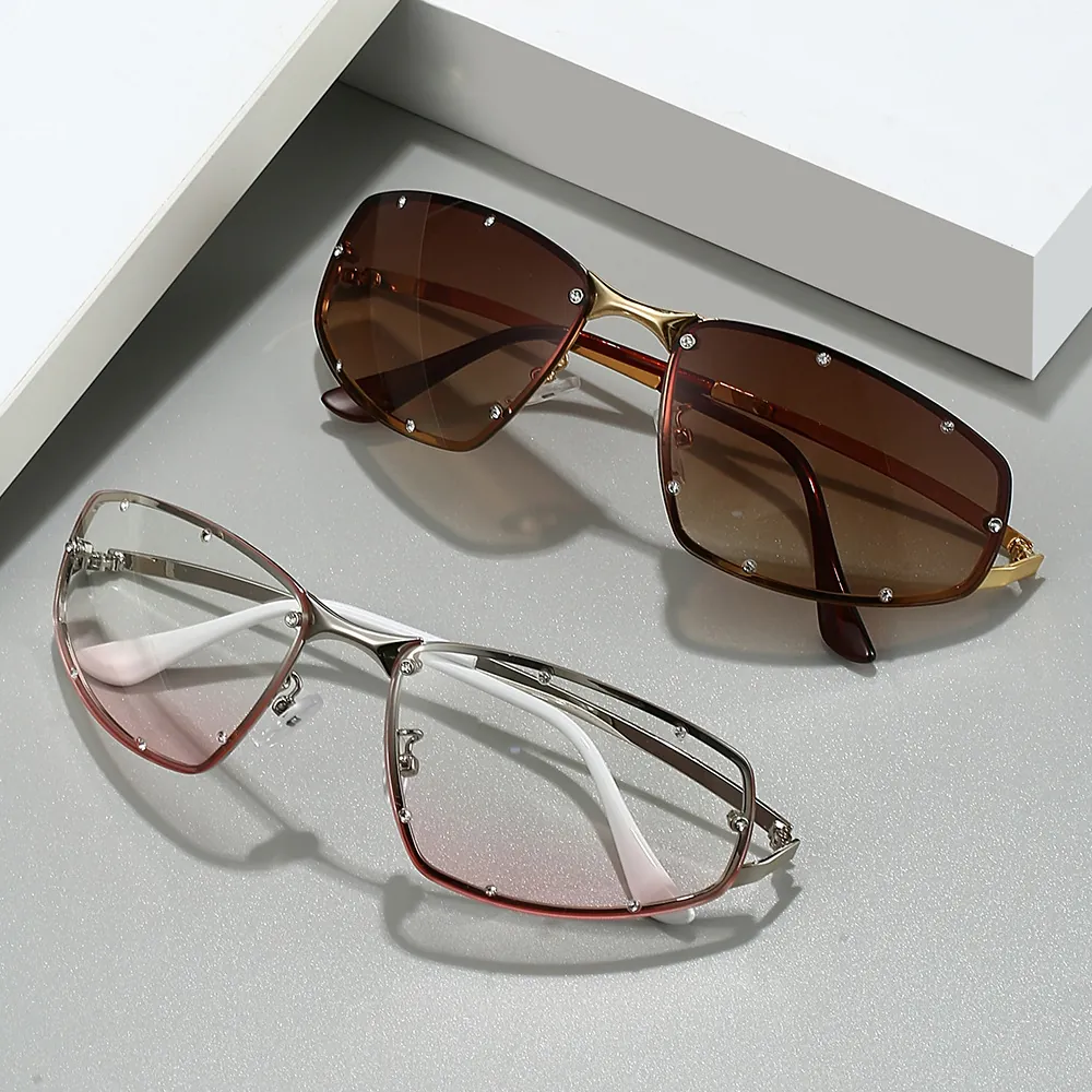 Cat Eye Sunglasses Metal Square Frame Rhinestone Rimless UV400 Trendy Eyewear For Men Women Holiday Sunscreen Protection