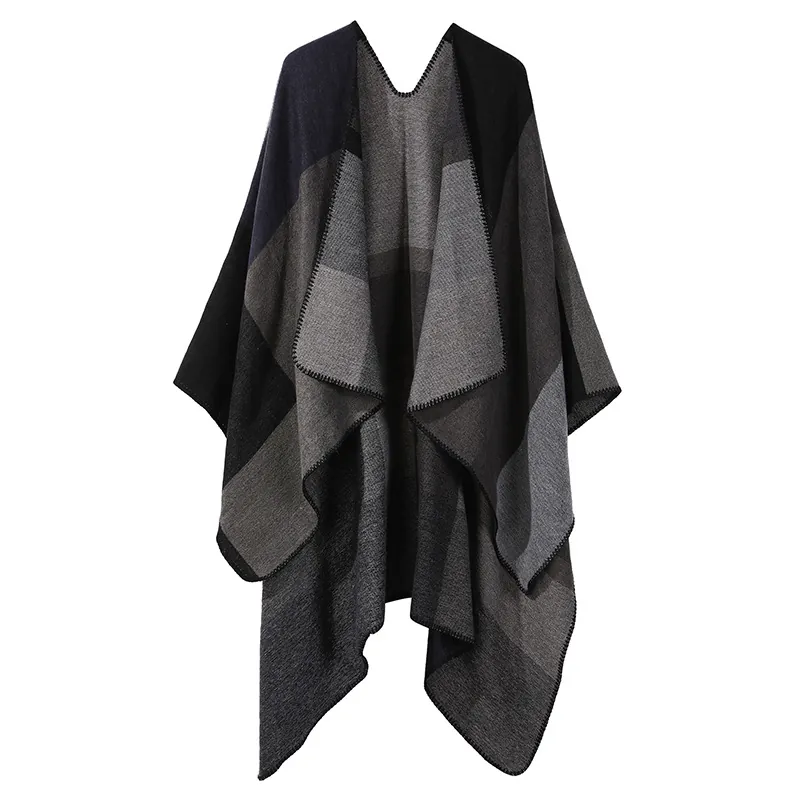 Women Shawl Cape Acrylic Polyester Cashmere Like Reversible Geometric Checkered Warm Thick Poncho Cloak