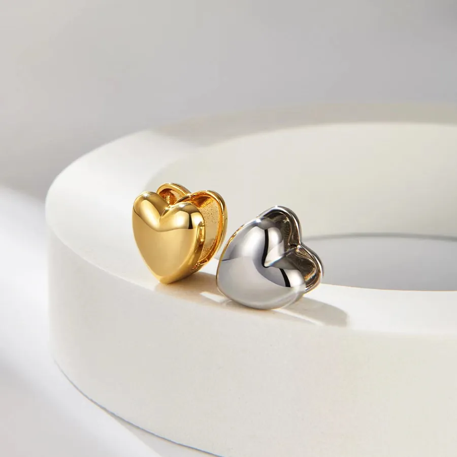 Puffed Heart Earrings Stainless Steel 18K Gold Plated High Polish Mirror Finish Huggie Hoops Minimalist Fashion Jewelry
