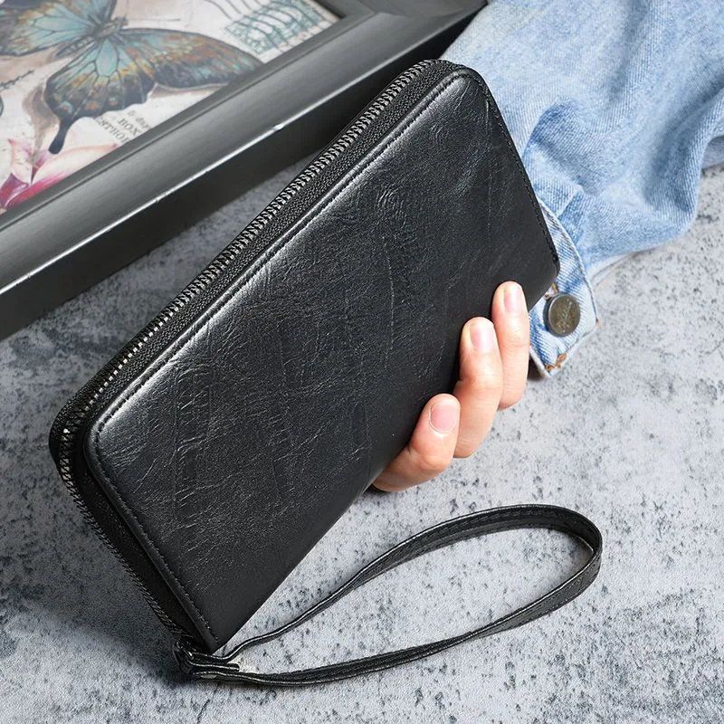 Portafoglio Lungo Da Uomo Con Cerniera In Pelle PU Pochette Business Con Cinturino Da Polso Slot Per Carte Tasca Per Telefono Stile Vintage
