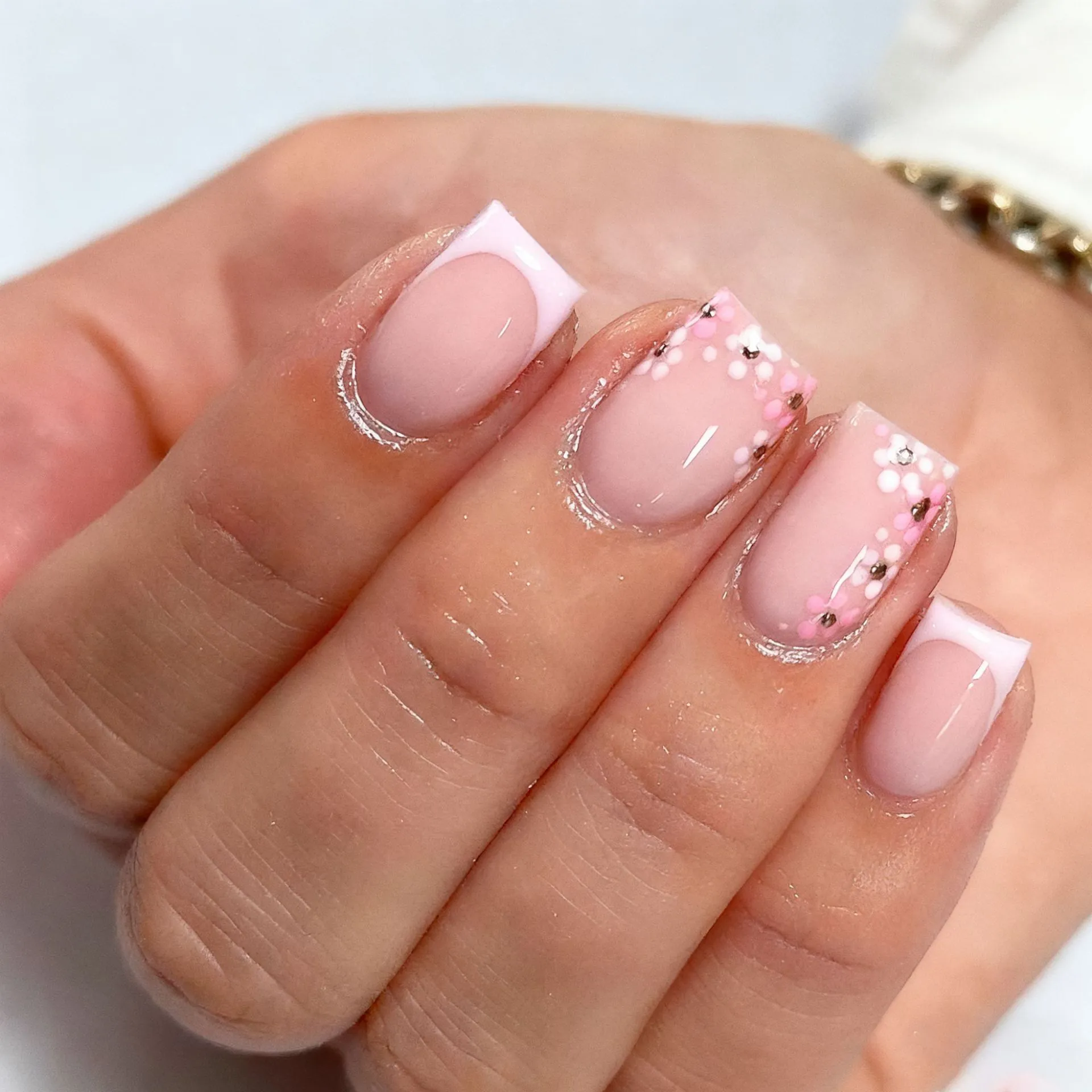 Press On Nails ABS Plastic French Tip Flower Pattern Glossy Square Shape False Nails For Women Fashion Manicure