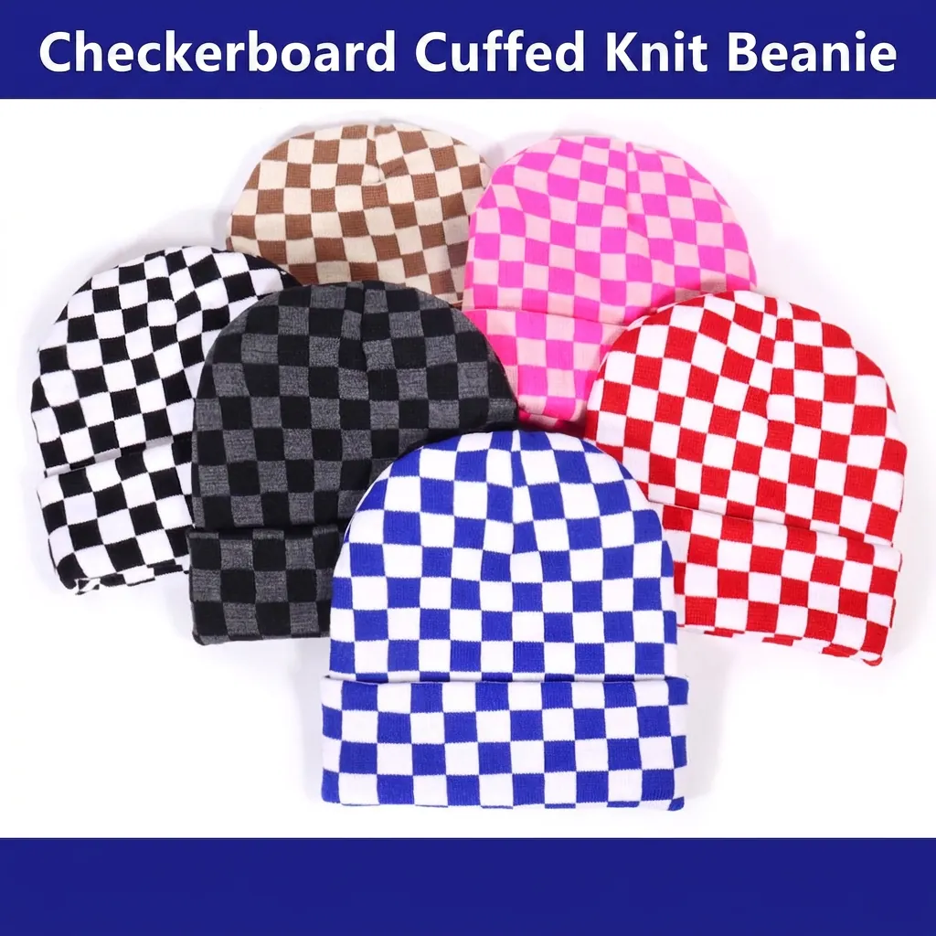 Checkerboard Knitted Beanie Hat Acrylic Cuffed Winter Warm Streetwear Style Minimalist For Men Women