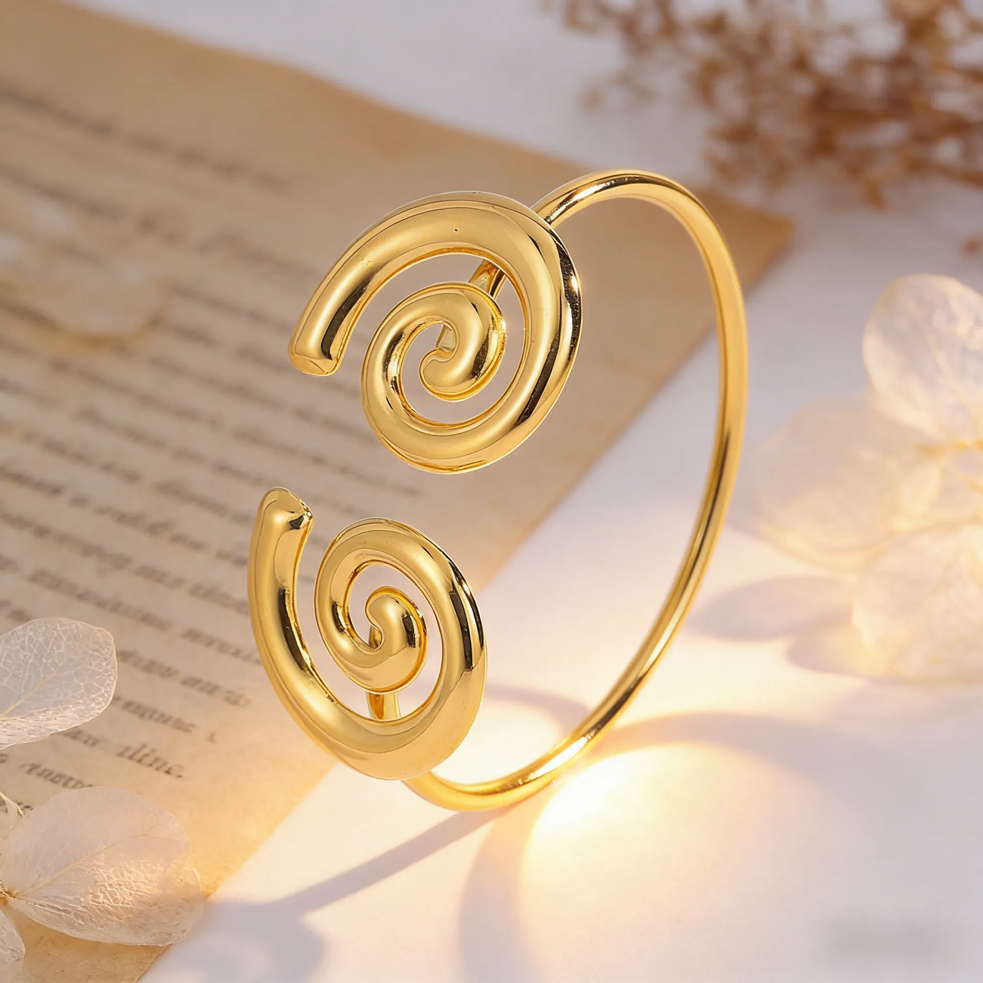Minimalist Stainless Steel Open Cuff Bracelet For Women Gold Plated Double Spiral Swirl Design Retro Fashion Jewelry Hand Bangle