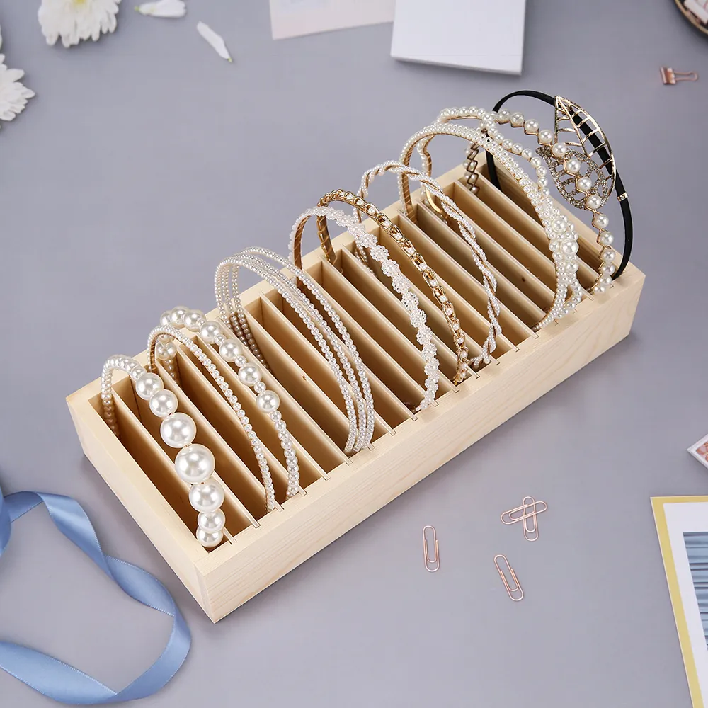 Wooden Headband Display Stand Pine Wood Multi Slot Hair Accessory Organizer Desktop Storage Showcase With Removable Dividers