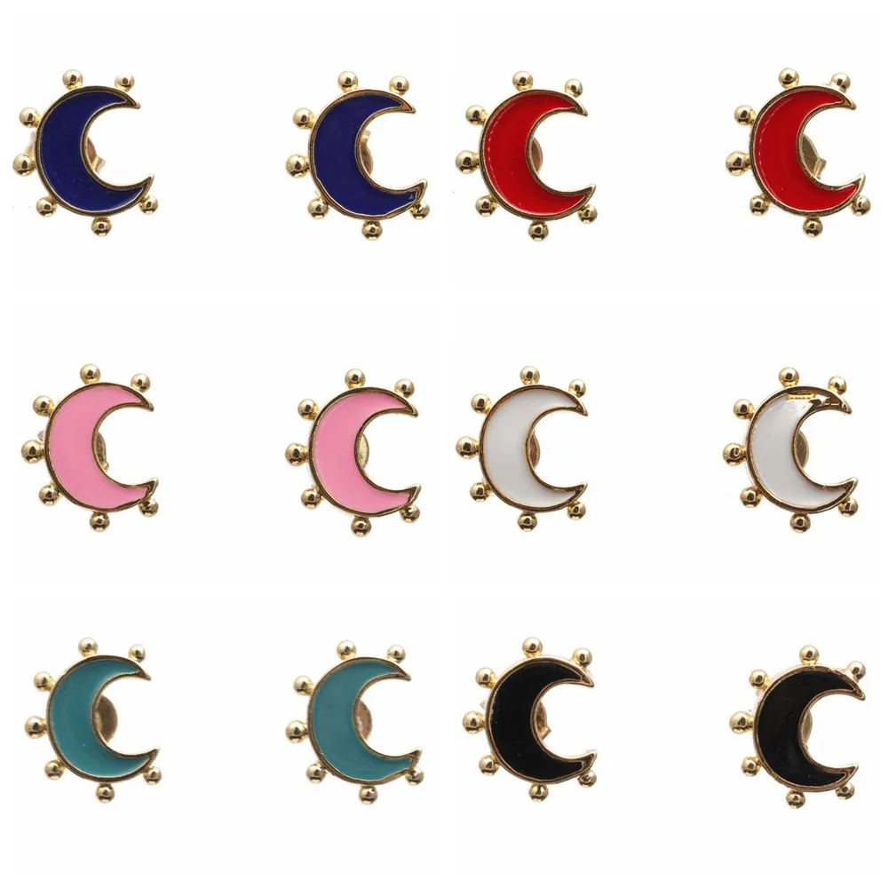 Boucles D'oreilles Puces Lune Croissante Cuivre Plaqué Or Émail Avec Petites Perles Bijoux Fantaisie Pour Femmes