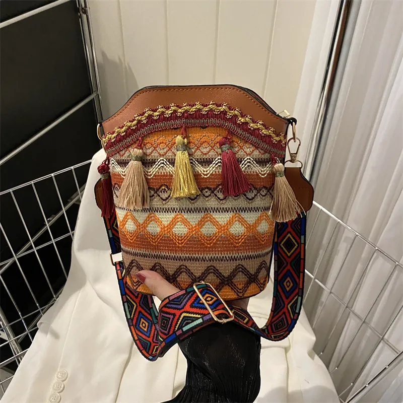 Bohemian Ethnic Style Bucket Bag Women Woven Canvas PU Leather Tassels Wide Patterned Strap Crossbody Shoulder Bag