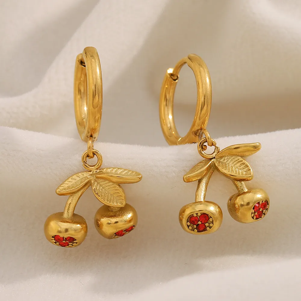 Cherry Drop Earrings Stainless Steel 18K Gold Plated Red Rhinestone Fruit Charm Fashion Jewelry For Women
