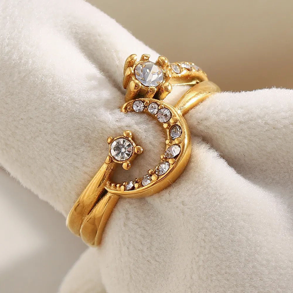 Moon And Star Crescent Ring 18K Gold Plated Stainless Steel Cubic Zirconia Fashion Jewelry For Women