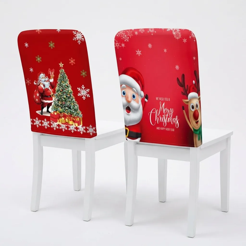 Christmas Halloween Chair Back Covers Polyester Stretchy Dining Room Decor Santa Snowman Pumpkin Ghost Cartoon Festive Print